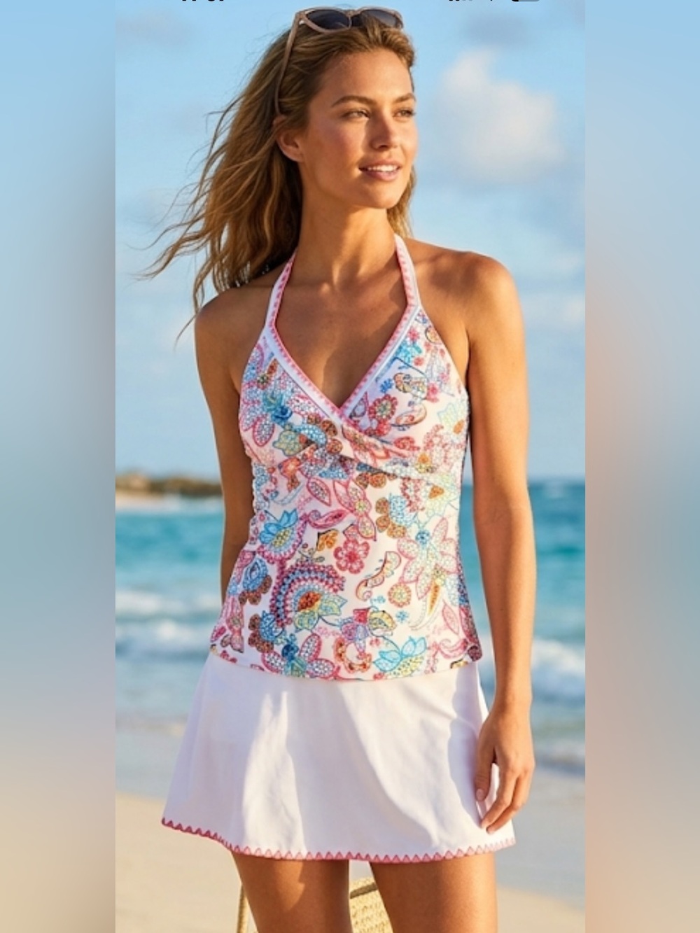 Blooming Jelly White & Pink Paisley Halter top with matching swim skirt. NWT